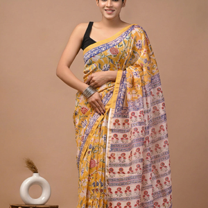 Sari en soie Chanderi pure imprimé à la main avec pièce de blouse – Sari élégant en soie Chanderi pure – Vêtement ethnique imprimé à la main - Product Image 1