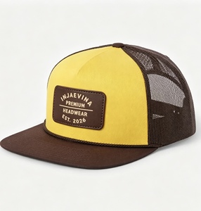 Custom Yellow Dark Brown Two Tone 6 Panel Trucker Cap Debossed Leather Patch Logo <b>Flat</b> Brim Plastic Snapback Trucker <b>Hat</b> - Product Image 3
