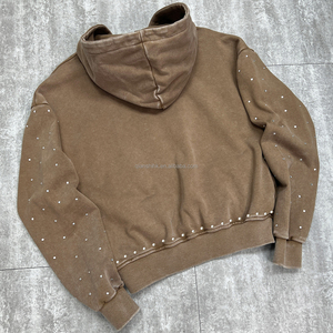 Sweat à capuche brodé Boxy éponge français vintage personnalisé printemps fabricants de sweats à capuche en coton lavage à l'acide sweats à capuche en strass pour hommes - Product Image 4