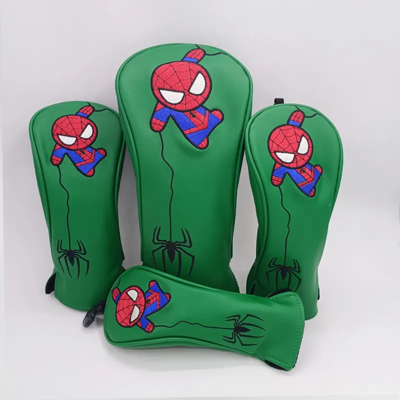 Hete Verkopende Groene Kleur Spiderman Driver Hout Fairway Hybride Ut Hoofdbedekking 4 Stuks Golf Headcover