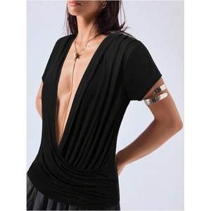 เสื้อยืดคอกว้างทรงเข้ารูปสำหรับผู้หญิง แขนสั้น ผ้าถักผสมคอตตอนและสแปนเด็กซ์ ระบายอากาศได้ดี เหมาะสำหรับฤดูร้อน - Product Image 4