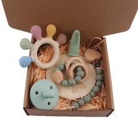 Jouet apaisant pour bébé, ensemble de 6 pièces en silicone avec anneau en bois, chaîne de sucette, unisexe, 0-24 mois, ensemble cadeau pour nouveau-né