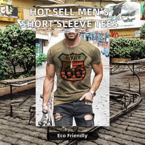 Camiseta estampada Route 66 para hombre, camiseta de punto de manga corta con cuello redondo, ropa informal de verano - Product Image 2