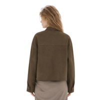 Veste courte en faux daim pour femme, kaki foncé, boutonnée, avec poches plaquées et couture de joque, manches longues, OEM ODM