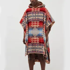 Roupão de algodão grosso estilo México Azteca para mudança de roupa, poncho de surf para adultos, fio corante, toalha de poncho com capuz para natação