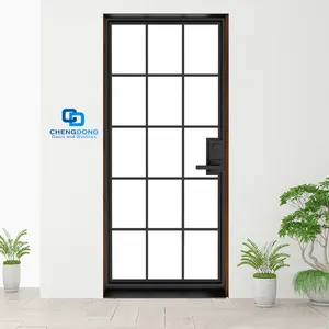Customs Simple French Style Iron Glass Window Panels Black Steel Swing Case Access Door With Sidelights