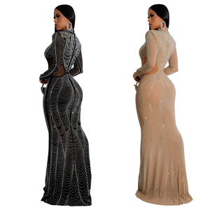 Nouvelle Arrivée Robe de Soirée Femme à Manches Longues en Maille Brillante Strass, Robe de Soirée Élégante de Luxe Couleur Unie en Gaze avec Strass - Product Image 3