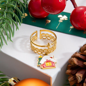 แหวนเปิดลายการ์ตูนคริสต์มาสชุบทองพร้อมจี้สำหรับผู้หญิง ของขวัญเครื่องประดับ - Product Image 3