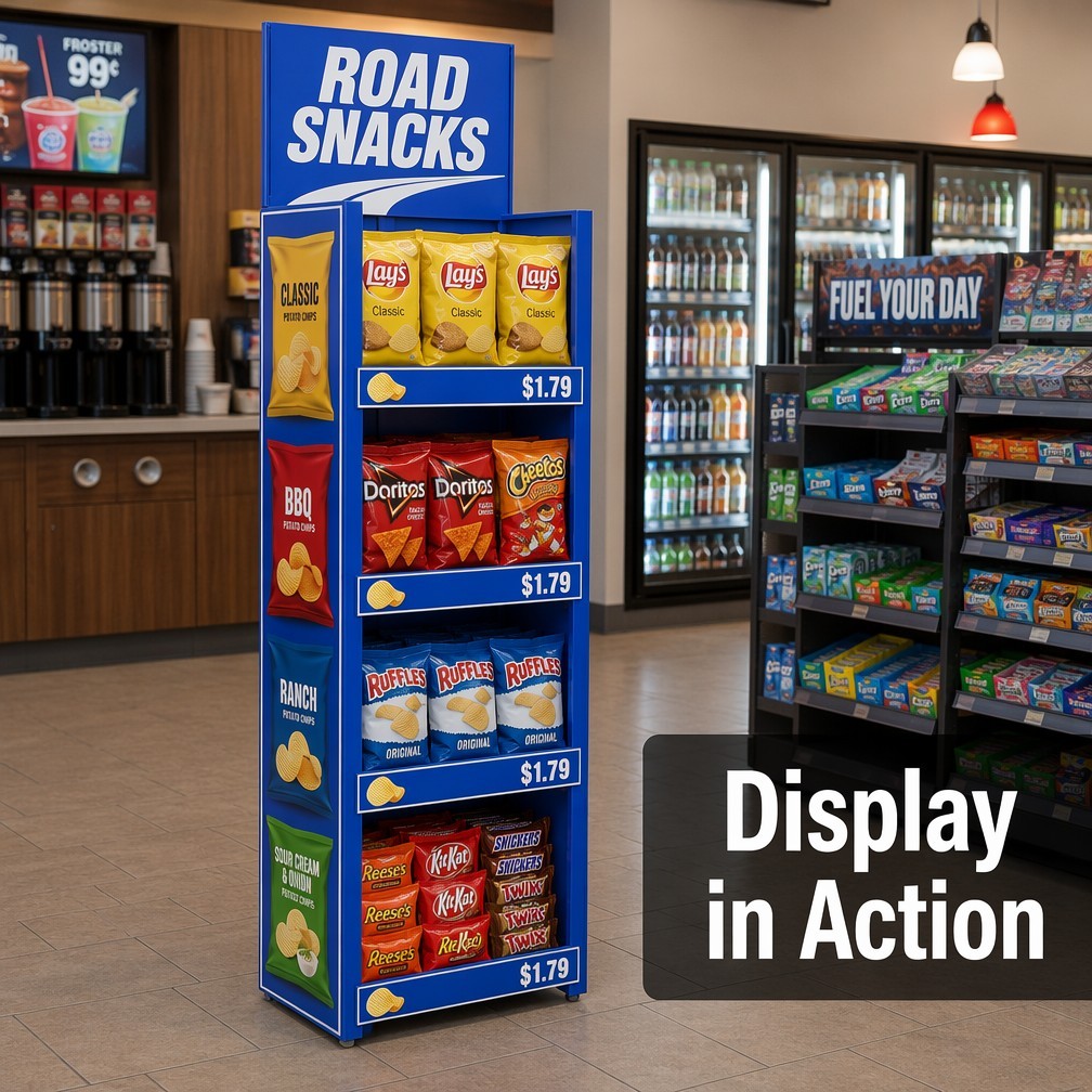 Apache Custom Chip Display Rack 4-Way 4-Tier Metal Snack Merchandiser Knock Down Rotating Stand for Gas Station OEM ODM — view 1