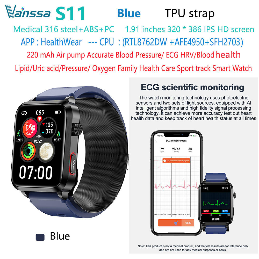 S11-blood-pressure-ecg-smart-watch-smartwatch สีน้ำเงิน