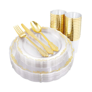 Service de vaisselle jetable en plastique transparent à bord doré, style baroque, 150 pièces, pour 25 invités, fête, mariage, dessert, apéritif - Product Image 5