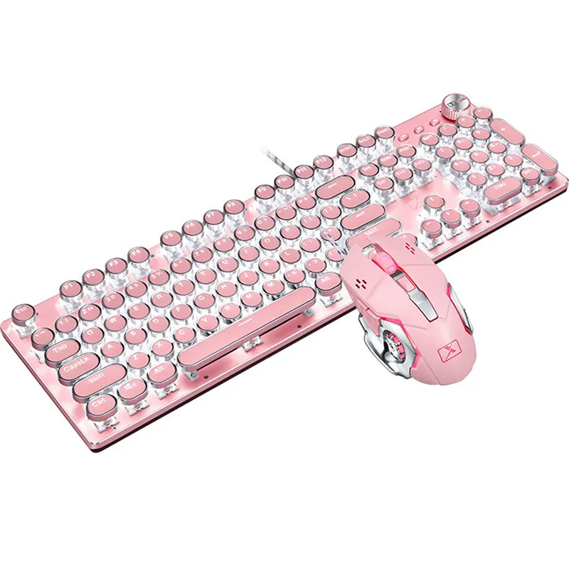 Gamingkeyboards mekanik oyun klavyesi ve fare Combo LED arkadan aydınlatmalı 104-anahtar mavi anahtarı pembe kablolu Laptop klavye