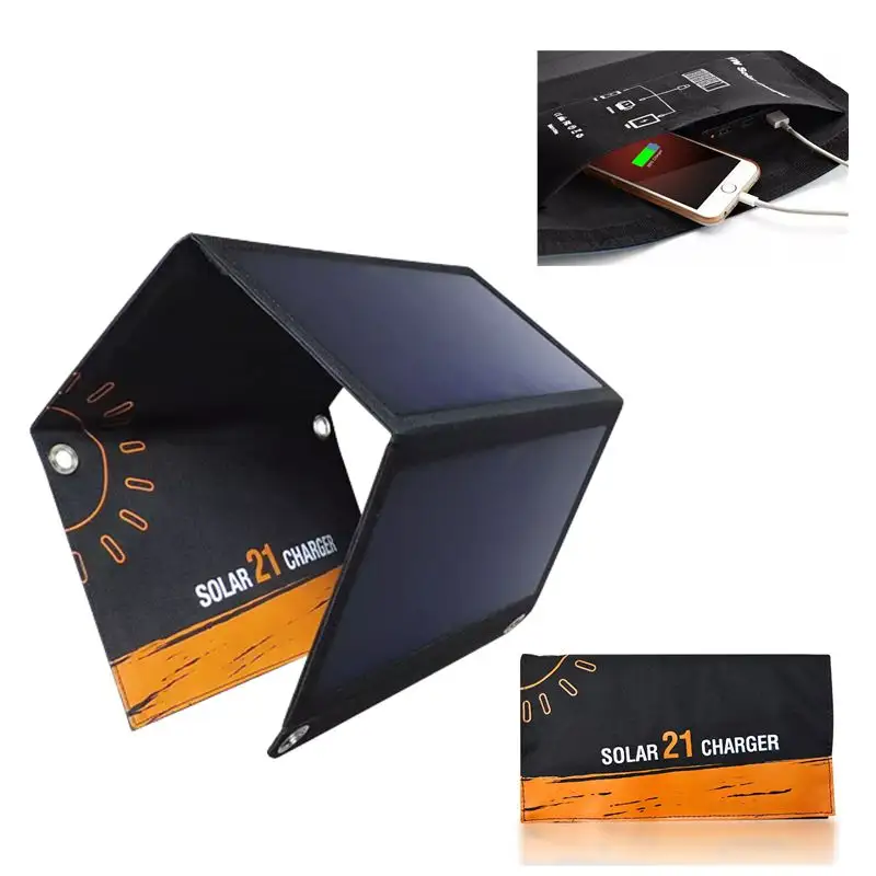 Venta al por mayor 21W Sunpower Mono Panel Solar con 2 cargador USB de carga rápida impermeable plegable Panel Solar para iPhone Backpacking