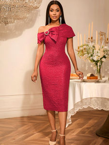 AM050551 Elegante Abito da Sera Verde <span class=keywords><strong>Natalizio</strong></span> con Collo Asimmetrico e Grande Fiocco, <span class=keywords><strong>Vestito</strong></span> Aderente Midi in Jacquard per <span class=keywords><strong>Donna</strong></span> - Product Image 5