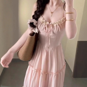 French Style Romantic Pink Slip <b>Dress</b> Sweetheart Neck Lace Trim Empire Waist <b>Long</b> Casual <b>Dress</b> Daily Wear Breathable - Product Image 3