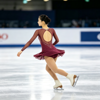 Robe de patinage artistique bordeaux à manches longues en maille, ornée de strass faits à la main, dos ouvert, pour filles adultes, compétition et spectacle sur glace