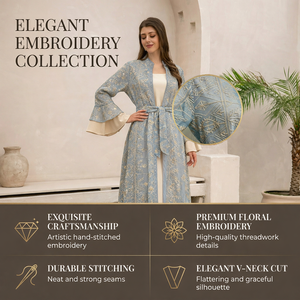 ชุดอาบายะปักลายเปิดด้านหน้าสำหรับผู้หญิง พร้อมเข็มขัด 2 ชิ้น ชุดราตรีแบบเรียบร้อยสำหรับงานอีด แบรนด์ส่วนตัว - Product Image 3