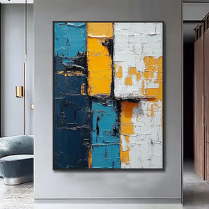 Décoration d'intérieur, peinture sur toile abstraite géométrique jaune et bleue contemporaine, faite à la main avec un <span class=keywords><strong>couteau</strong></span> à palette en <span class=keywords><strong>acrylique</strong></span> - Product Image 2