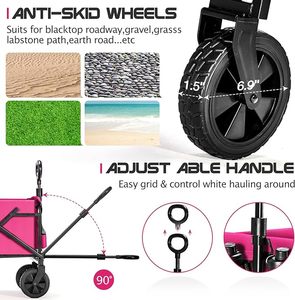 折りたたみ式ホイール付きワゴンカート-折りたたみ式ユーティリティワゴンヘビーデューティー、アウトドアキャンプ用全地形対応ホイール、ピンク - Product Image 6