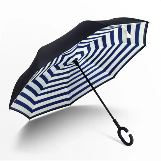 Toptan özel C kolu rüzgar geçirmez ters Invert şemsiye çift katmanlı 49 "Arc yağmur şemsiye