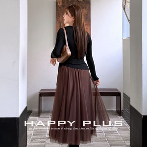 รันฉี พลัสไซส์ กระโปรงผู้หญิงเอวสูงสีน้ำตาลกาแฟ กระโปรงผ้าทูลล์เอวยางยืด ผ้าตาข่ายสีพื้นพลิ้วไหว กระโปรงเดรสฤดูหนาว รุ่น N8264 - Product Image 3