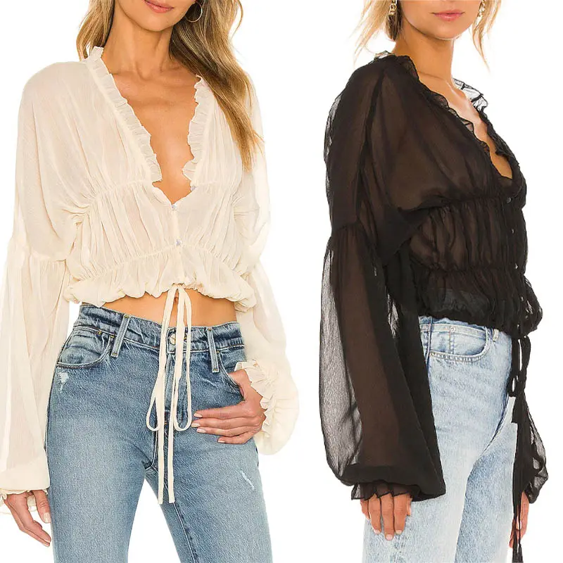 Fashionable Casual V-neck Lantern Sleeve Drawstring Button Transparent Elegant Black Crop Top Women s Sexy Tops Organza Blouse