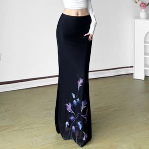 กระโปรงแม็กซี่ทรงเมอร์เมดพิมพ์ลายดอกไม้แบบอินค์วอชเอวสูง กระโปรงตาข่ายสองชั้น เซ็กซี่และสง่างาม - Product Image 3