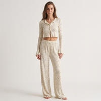 Pyjama décontracté en tricot à fleurs pour femme, automne, respirant, imprimé à volants, manches longues, pantalon long, ensemble deux pièces, taille élastique