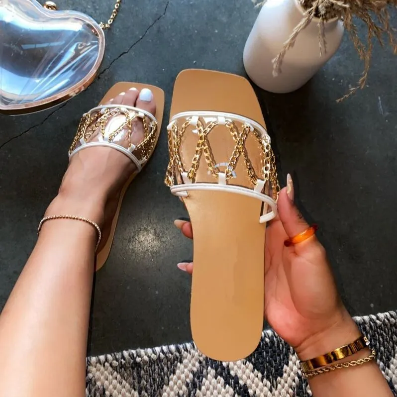 2021 Square head wild casual slippers chain transparent sandals 2021 flat sandles for ladies with crystal sandles for ladies