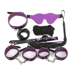 Sm Leather 7 Piece <b>Set</b> Black Red Handcuffs Blindfold Rope Restraints For Couples <b>Bondage</b> Toys - Product Image 3