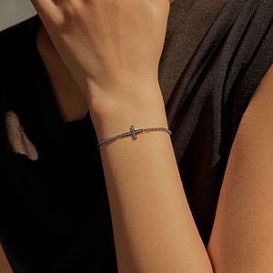 S925 Silver Black Rhodium Plated Cross <b>Bracelet</b> With Round Diamond Minimalist Everyday Wear Unisex Chain Link Jewelry - Product Image 4