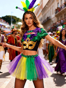Disfraz <span class=keywords><strong>de</strong></span> <span class=keywords><strong>Carnaval</strong></span> Brasileño para Mujer, Conjunto <span class=keywords><strong>de</strong></span> Disfraz para Fiesta, Top Morado y Verde, Falda <span class=keywords><strong>de</strong></span> Tul para Adultos - Product Image 4