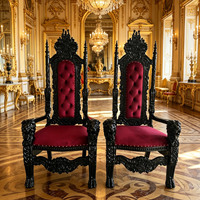 Fauteuil Trône en Velours Doré Antique et Bordeaux, Fauteuil d'Appoint de Style Royal, Chaise en Lin Rembourrée, Fauteuil en Acajou Sculpté à la Main
