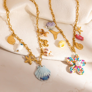 สร้อยคอสแตนเลสสตีลธีมมหาสมุทร จี้สีทอง 18K ประดับด้วยปลาดาวและเปลือกหอย สำหรับผู้หญิง ของขวัญเครื่องประดับ - Product Image 3