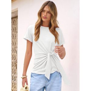 Womens Summer Short Sleeve Crewneck Tie Waist Blouse Casual Work Top Knitted Elastic <b>Wrap</b> Shirt - Product Image 4