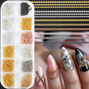 Lot de 12 chaînes à breloques pour nail art, chaînes perlées en métal, accessoires pour ongles, chaînes à maillons or, argent, noir, rose, décoration pour manucure - Product Image 2