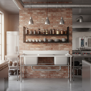 Fabrication et assemblage de mobilier de cantine scolaire en acier inoxydable 201 304, table de travail avec 2 éviers - Product Image 6