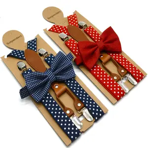 Polka Dot Bow Tie Suspensórios para Homens Mulheres 4 Clip Leather Suspensorio Adulto Bowtie Suspensórios para Calças