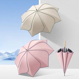 Parapluie de voyage en pongé à manche droit en bois 190T, ouverture semi-automatique, coupe-vent, diamètre ouvert 100 cm, multi-usages - Product Image 2