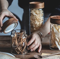 Service à café et thé en verre borosilicaté récipient alimentaire avec couvercle à vis en acacia organisateur de cuisine stockage bocaux en étain bouteilles de stockage de Logo