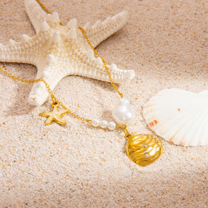 Collier pendentif étoile de mer en nacre pour femme, plaqué or 18 carats, chaîne de clavicule en acier inoxydable, accessoire de bijouterie cadeau - Product Image 2