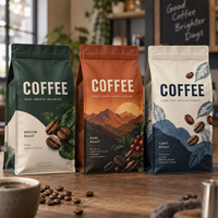 Sacs à café à fond plat imprimés sur mesure avec valve, fermeture éclair refermable, barrière élevée, en aluminium alimentaire, sachets d'emballage de qualité alimentaire