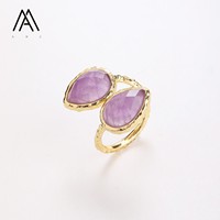 Bague double goutte d'eau en pierre naturelle, taille facetée, sertissage texturé, ajustable, bijoux bohèmes pour femme