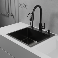 Évier de cuisine carré noir 50*45cm à cuve unique, en acier inoxydable 304 nano, avec robinet cascade et pluie à trois trous