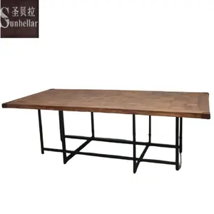 사용자 정의 식당 골동품 나무 식탁 240cm 금속 철 스탠드 나무 상단 테이블 회의 워크샵 산업 디자인