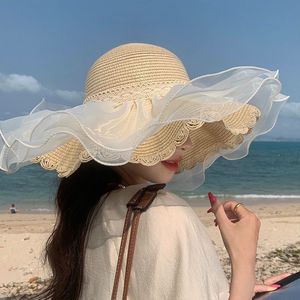 French Style Wide Brim <b>Straw</b> <b>Hat</b> Beige Khaki Breathable Sun Protection Beach Sunshade Adult Women's <b>Hat</b> - Product Image 1