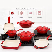 Juego de Ollas y Sartenes de Hierro Fundido Esmaltado Rojo Estético de 11 Piezas, Aptas para Inducción, Antiadherentes, con Tapa, para Cocina Gourmet