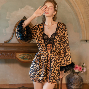 6633 Camicia da Notte in Chiffon con Stampa Leopardata, Kimono con Polsini in Pelliccia, Reggiseno in Pizzo Trasparente, Intimo Sexy Estivo per Donne - Product Image 6