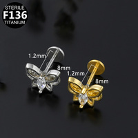 Getta Nouvelle Arrivée Titane Boucle d'Oreille Piercing Bijoux Papillon Mignon avec Fil Interne Zircon ASTM F136 Anneau à Lèvres pour Mariage