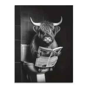 Funny Cow On A Toilet Artwork Bathroom Decoration Black And White Posters Wall Art Prints Animal Paintings